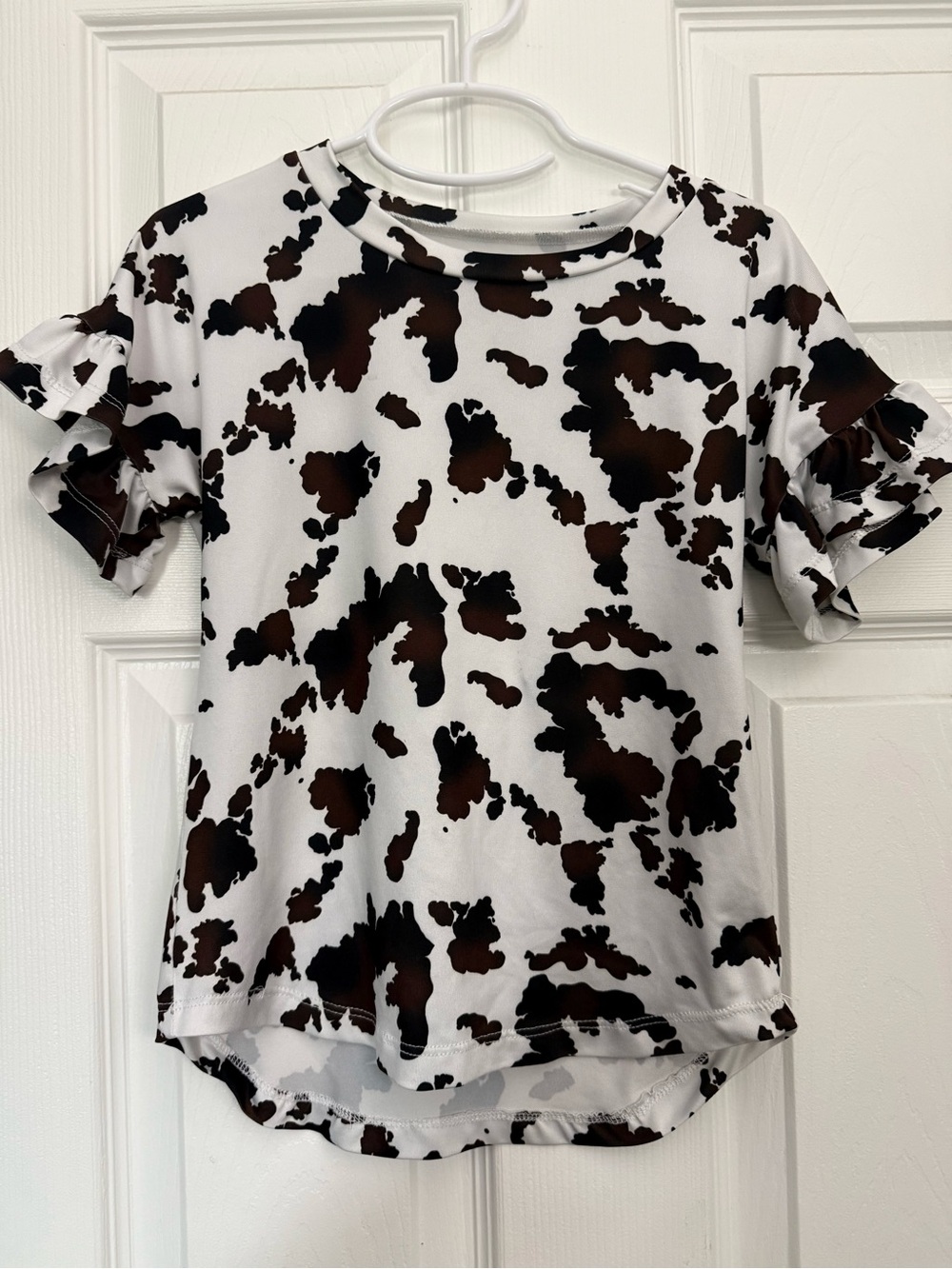 Girls' Cow Print Ruffle Sleeve Top - White & Brown